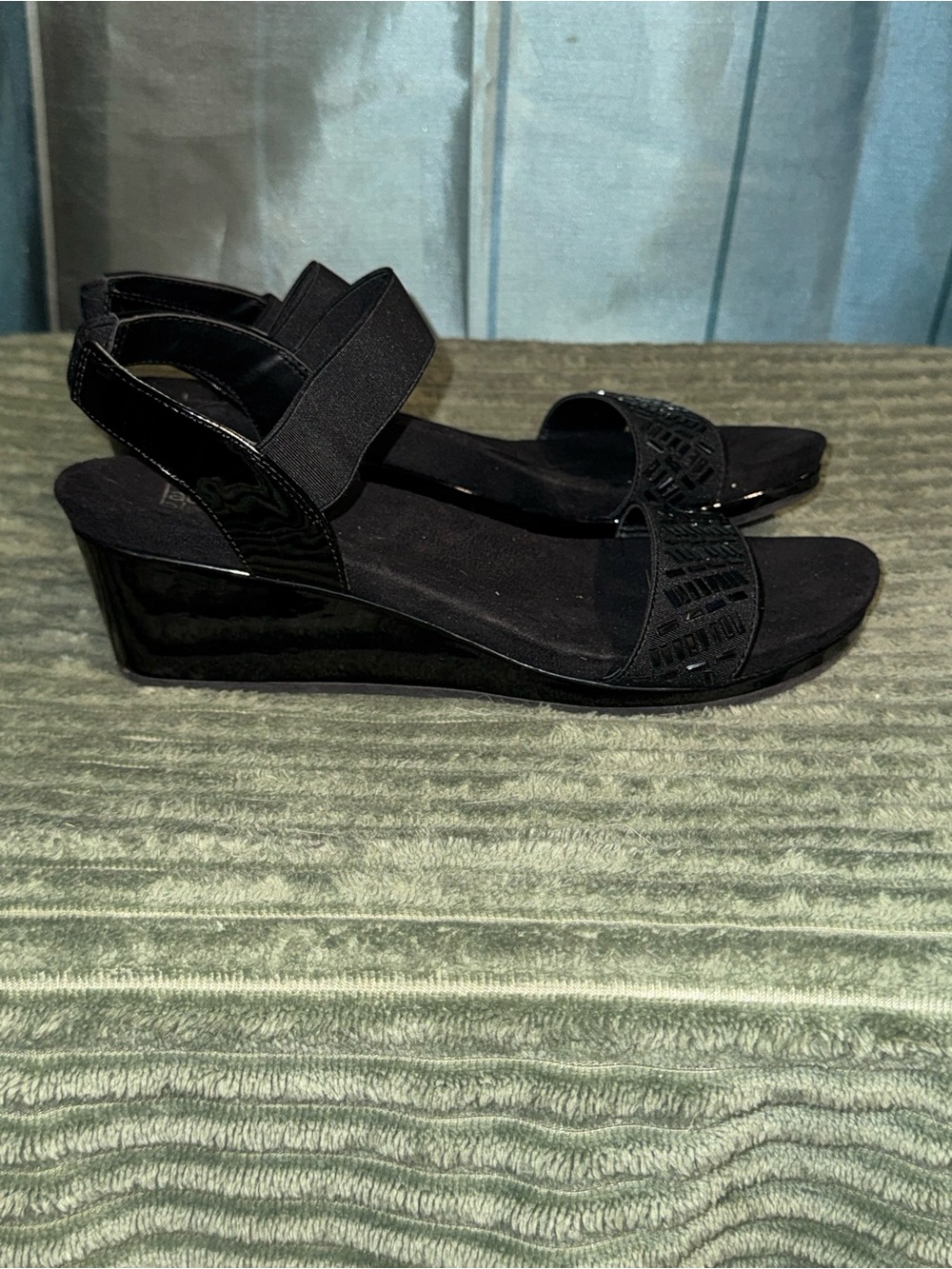 Women's Black Wedge Sandals with Elastic Ankle Strap